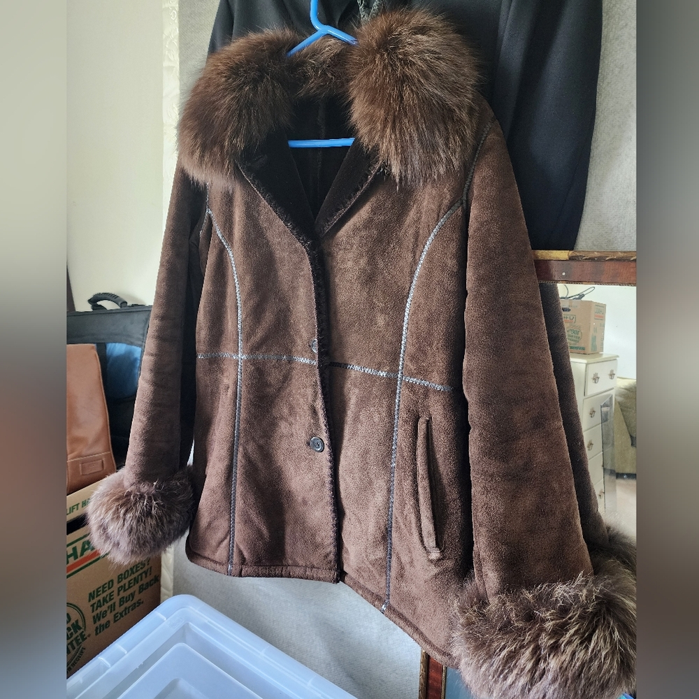 Marvin Richards Brown Suede Fur Trim Coat - Small